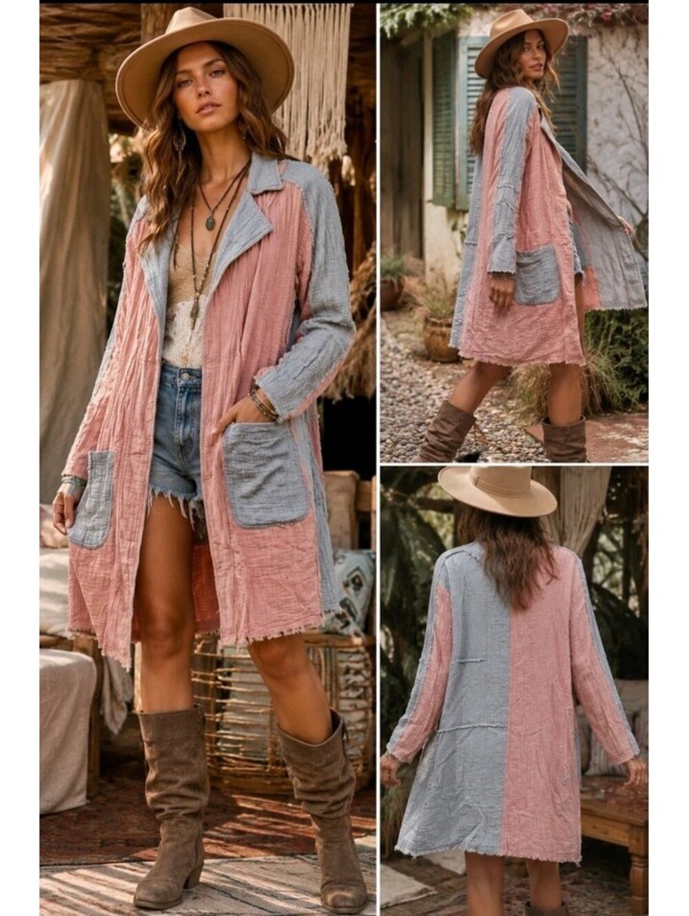 Blue Velvet color-block duster cardigan Patchwork Double Gauze Colorbloc NWT #04